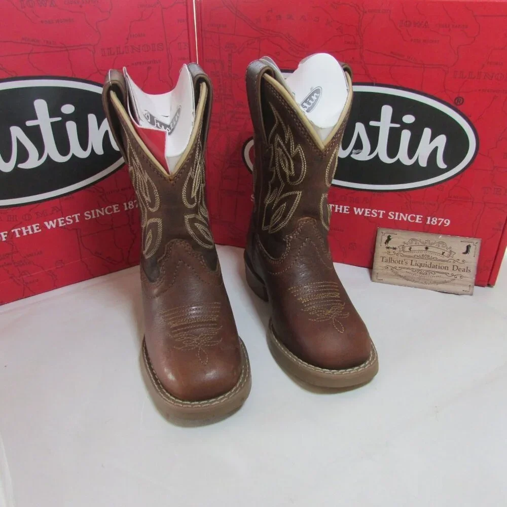 Justin Junior Canter Wide Square Toe Western Boots Roasted Cognac Water Buffalo